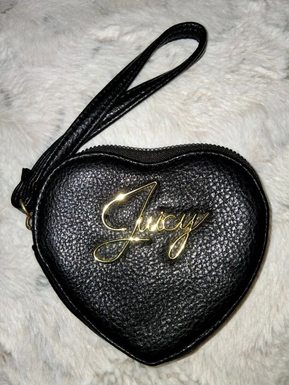 Juicy Couture Black Faux Leather Heart Shaped Mini Wallet Wristlet Zipper Pouch